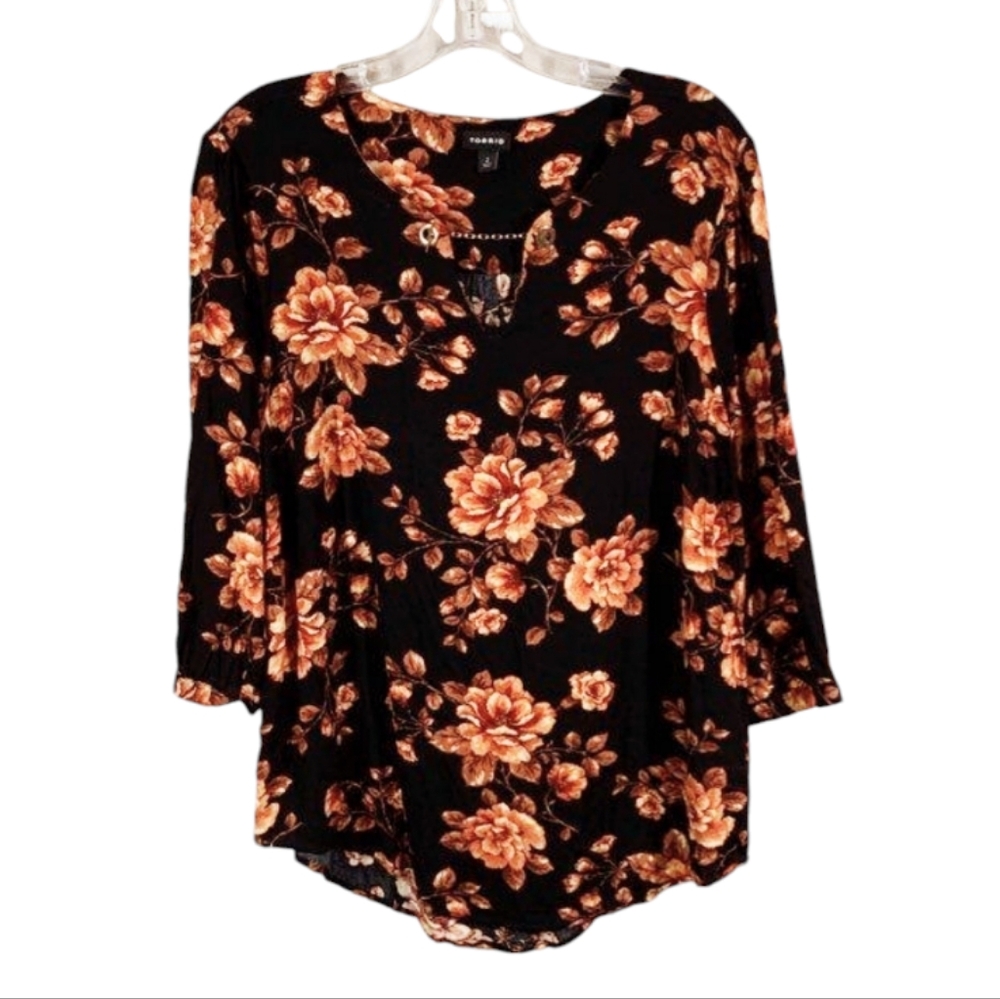 Torrid Crepe Chain Detail Blouse Black w/ Fall Foliage Flowers *Size 2X (18/20)